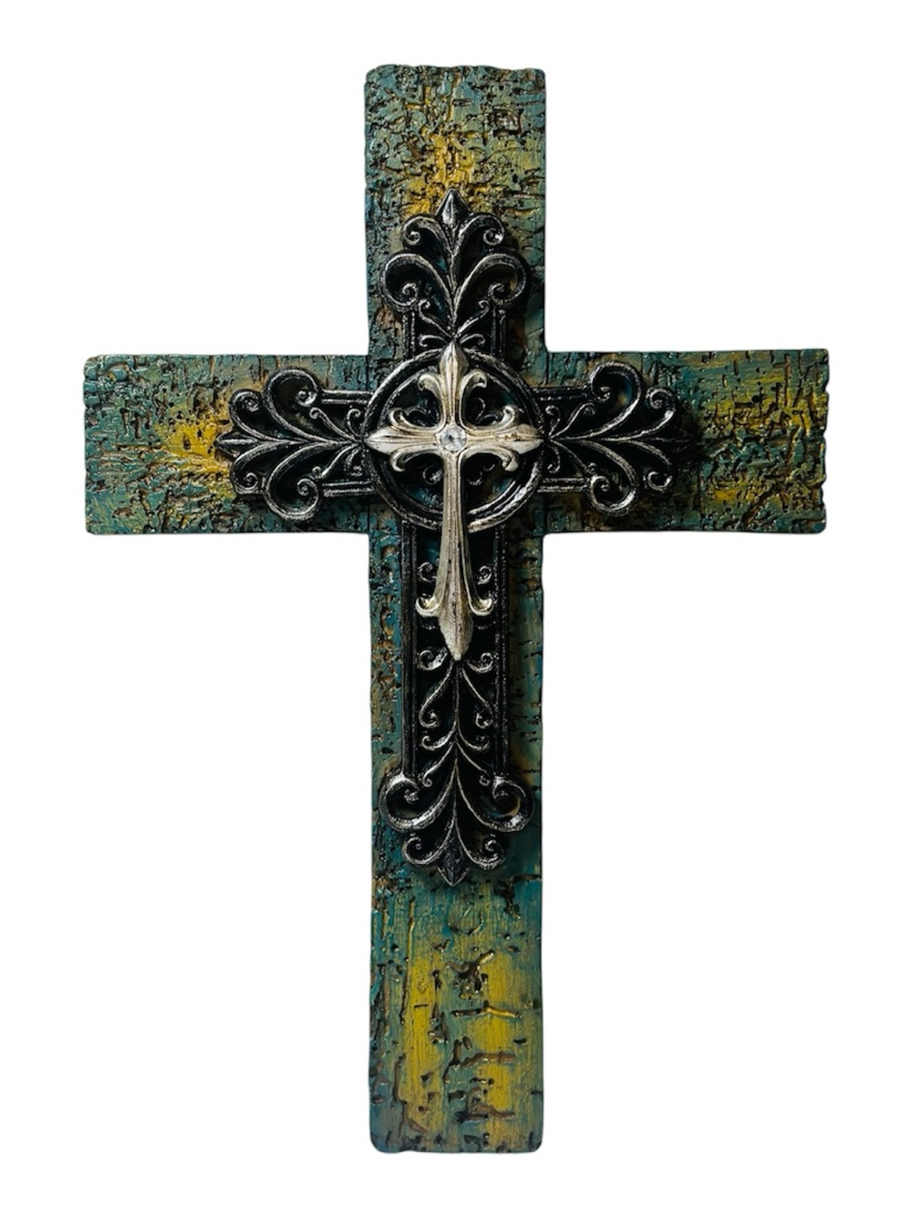 Rustic Multi Layered Turquoise Wall Cross Fleur-De-Lis Rhinestone Accent